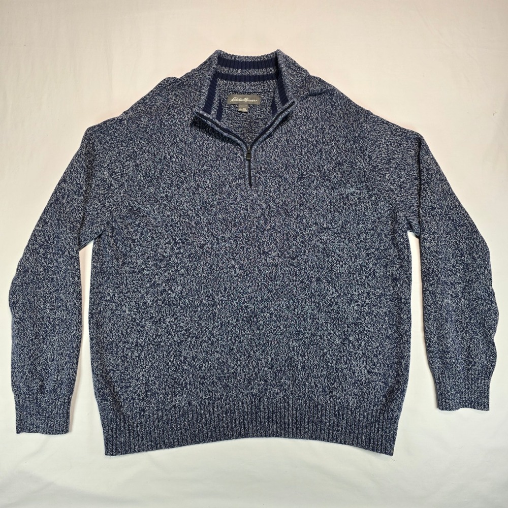 Eddie Bauer Mens 2XL Navy Blue Marled Cotton Quarter Zip Pullover Sweater 0022